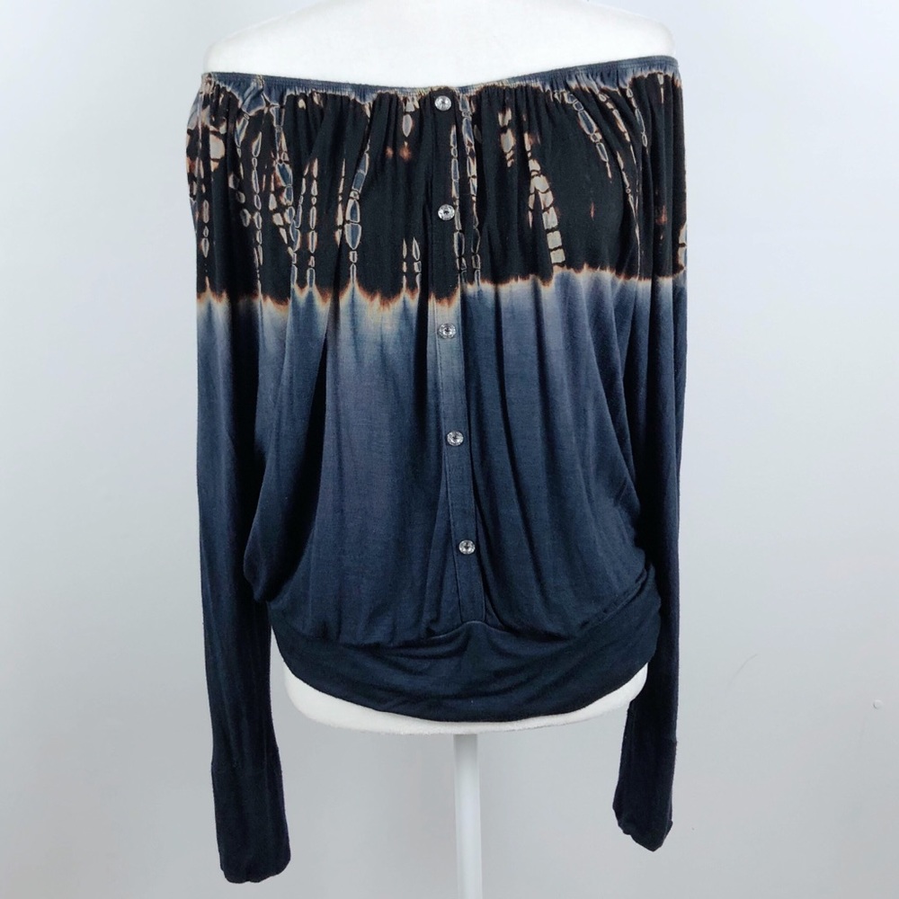 Off-Shoulder Navy and Black Tie-Dye Blouse
